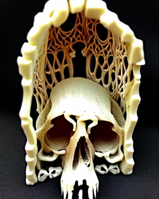 Prompt: detailed photo realistic psychedelic skull house made out of carved ivory wire draped in bone