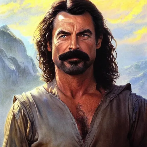 Prompt: ultra realistic portrait painting of tom selleck as aragorn, art by frank frazetta, 4 k, ultra realistic, highly detailed, epic lighting