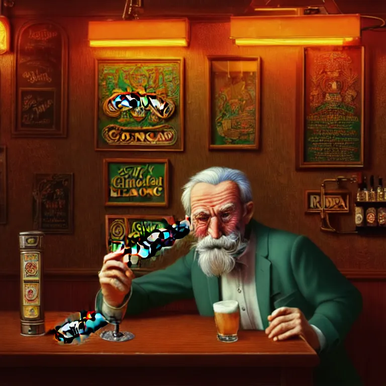 Image similar to a intricately detailed portrait of an old man smoking a lit cigar in an irish pub with a neon bar, smoke rising like clouds, balanced, symmetrical, super resolution, trending on art station, volumetric lighting & shadows, hyper detailed, digital art, unreal engine, in the style of a escher, 4 0 0 mm f 1. 8,