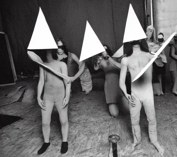 Prompt: creepy duck mask cultists performing a ritual to levitate triangles, old grainy damaged photo 3 5 mm