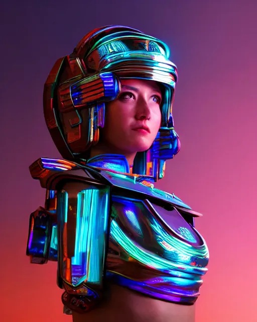 Prompt: centered medium shot fine studio photograph of a young woman wearing only a synthwave mecha Mayan helmet with bright lights, designed by Efrain Recinos, ultra-realistic, white background, 8k HDR, intricate