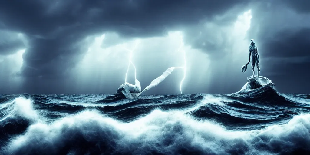 Prompt: titanium white contemporary statue in the middle of a stormy ocean, crashing waves, alien creatures scattered around, art direction by beeple, enigmatic scene, rembrandt lighting, y 2 k aesthetic, late 9 0 s cgi render, 4 k, high detail