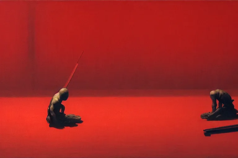 Image similar to only with red, a red samurai do seppuku, tokio, a lot of frogs watch, in the style of beksinski, parts by edward hopper, parts by rodcenko, parts by yue minjun, intricate and epic composition, red by caravaggio, insanely quality, highly detailed, masterpiece, red light, artstation, 4 k