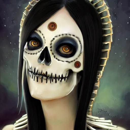 Image similar to cute, shy & beautiful smiling undead skeleton girl with very attractive face and black hair dressed as a cleopatra winking to the viewer, elegant, digital art, fullbody painting, fantasy, pixar style, painting, pin up, highly detailed, artstation, art by artgerm, vrubel, greg rutkowski, ilya kuvshinov, raymond swanland