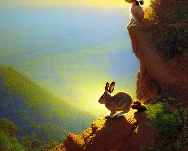 Image similar to hyper realistic rabbit looking off of a cliff, sun setting behind rabbit, lush forest in valley below, painted by gaston bussiere, craig mullins, j. c. leyendecker 8 k