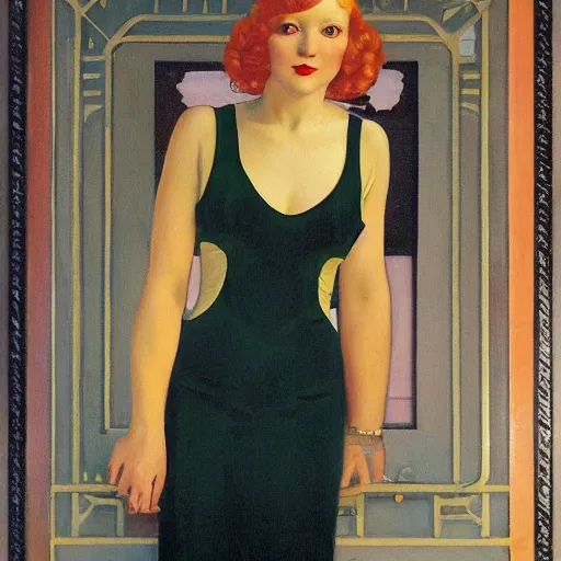 Image similar to an oil painting depicting an redhead girl, 1920s style, smooth, highly detailed, high contrast, Coles Phillips, Dean Cornwell, JC Leyendecker, 8K