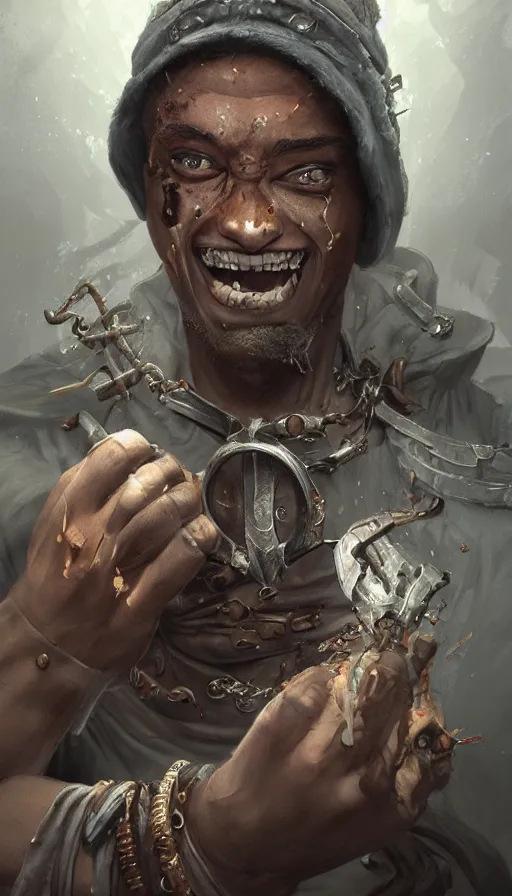 Prompt: underground stree thug, man, grills, vitiligo, energetic, laughing, fit, warhammer, lord of the rings, sweaty, intricate, highly detailed, digital painting, artstation, concept art, smooth, sharp focus, illustration, unreal engine 5, 8 k, art by artgerm and greg rutkowski and alphonse mucha