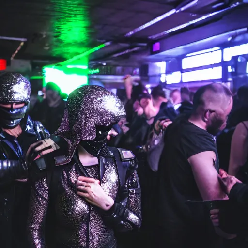 Prompt: photograph of a provocative techwear packed busy rundown nightclub, lots of people, variety of sharp sparkly creepy masks, harnesses and garters, retrofuturism, brutalism, cyberpunk, sigma 85mm f/1.4, 15mm, 35mm, tilted frame, long exposure, 4k, high resolution, 4k, 8k, hd, wide angle lens, highly detailed, full color, harsh light and shadow, intoxicatingly blurry