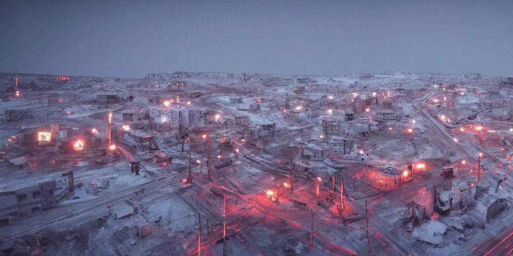 Prompt: cinematic shot of a city in the moon's hollow, norilsk russian orbit city cityscape, telephoto, iconic scene from the paranoid thriller sci fi film directed by stanley kubrick, anamorphic cinematography, beautiful composition, color theory, leading lines, photorealistic, moody volumetric lighting