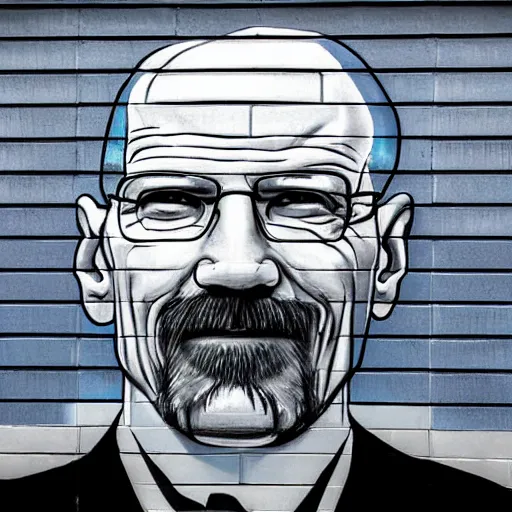 Image similar to street mural of a smiling walter white, high realism, photograph