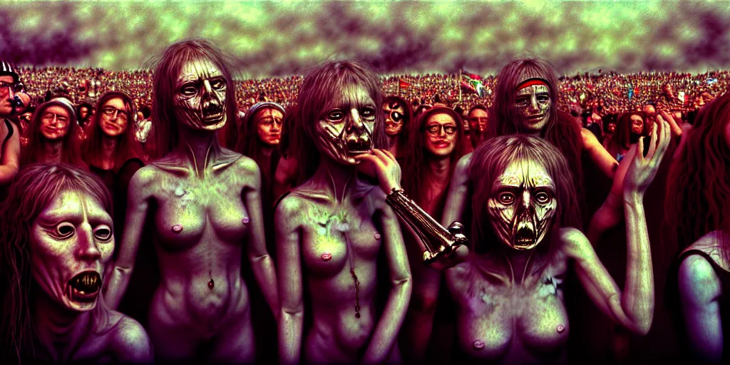 Image similar to Photorealistic people at woodstock 99 by H.R. Giger, KDA and Sam Yang, trending on artstation