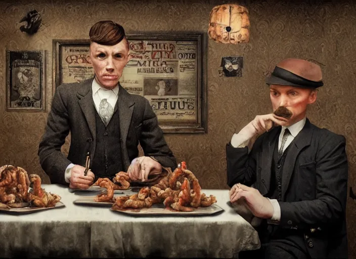 Image similar to peaky blinders made of fried shrimp, lowbrow, matte painting, 3 - d highly detailed, in the style of mark ryden,