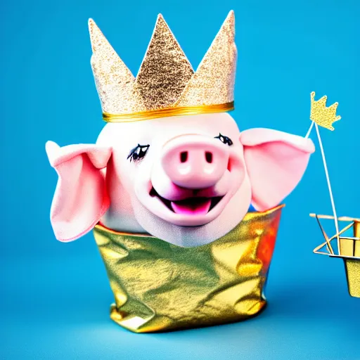 Prompt: photo of puppet pig wearing a gold crown holding snack bags 8k resolution, award winning, realistic, cinematic concept art