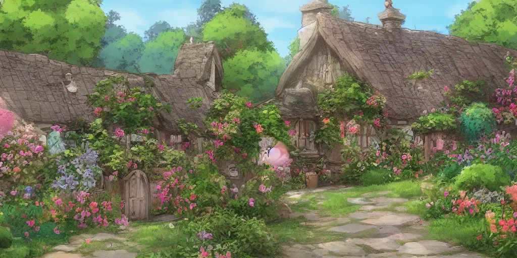 Prompt: Flowery cottage, evening, Studio Ghibli, Artstation