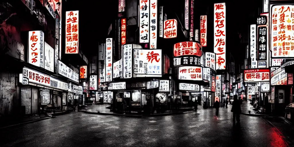 Prompt: Noir Cyberpunk Tokyo with neon signs in Japanese, raining, dark, gloomy atmosphere in style of 60-s Movies. Symbolism, Detailed Art, 8K, Epic, Dynamic Light.