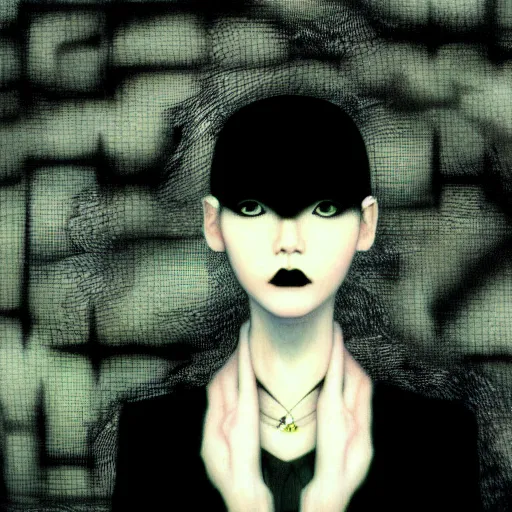 Image similar to yoshitaka amano blurred and dreamy realistic three quarter angle portrait of a young woman with black lipstick and black eyes wearing office suit with tie, david lynch abstract patterns in the background, satoshi kon anime, noisy film grain effect, highly detailed, renaissance oil painting, weird portrait angle, blurred lost edges