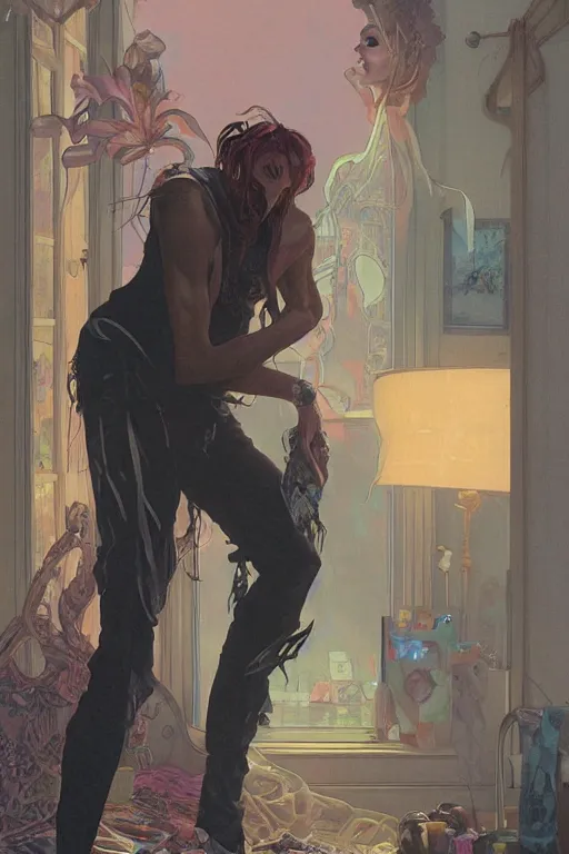Prompt: a skinny goth guy standing in a cluttered 9 0 s bedroom, full body character concept art, vaporwave colors, intricate, elegant, highly detailed, digital painting, artstation, concept art, smooth, sharp focus, illustration, art by artgerm and greg rutkowski, and alphonse mucha