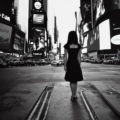 Prompt: a woman wearing a gold dress in Times square, she is sad and beautiful, she is alone, black and white photo, circa 1950, beautiful background