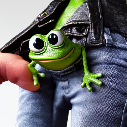 Image similar to perfectly accurate miniature figure of pepe the frog wearing jeans and a black leather jacket, soft textures, skin texture, clothing, 3d sculpture, textured, fine detail, lifelike, photo, high resolution, octane render, post processing, after effects, trending on artstation