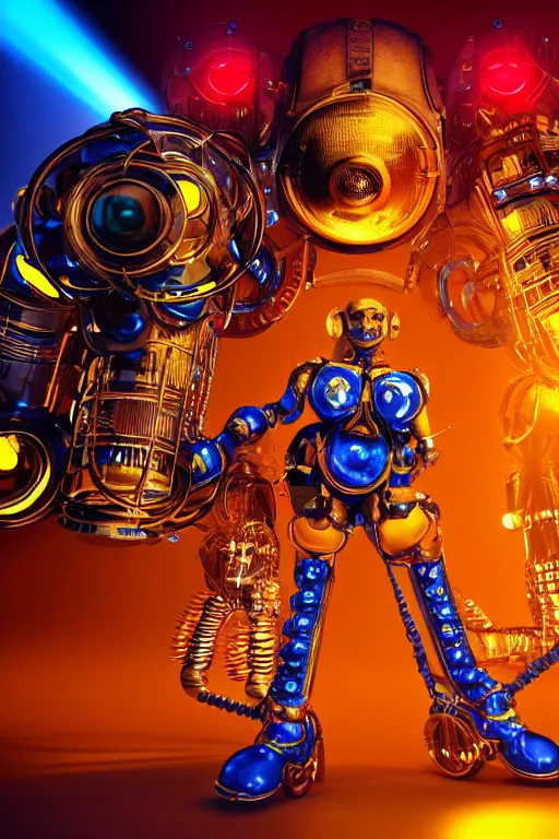 Prompt: portrait photo of a giant huge golden and blue metal humanoid steampunk robot female singer with headphones and gears and tubes, in the foreground is a big red glowing microphone, eyes are glowing green lightbulbs, shiny crisp finish, 3 d render, 8 k, insaneley detailed, fluorescent colors, background is multicolored lasershow