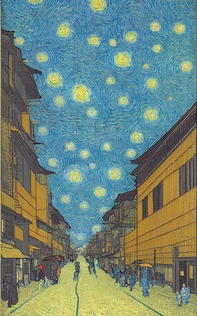 Prompt: rainy streets of kyoto, fibonacci sequence. japanese embroidery. retro minimalist art by jean giraud and van gogh.