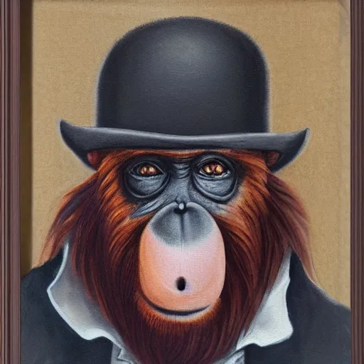 Image similar to framed portrait painting of an anthropomorphized orangutan, wearing a monocle and a small bowler hat, oversized mustache. dark outlining style. highly detailed