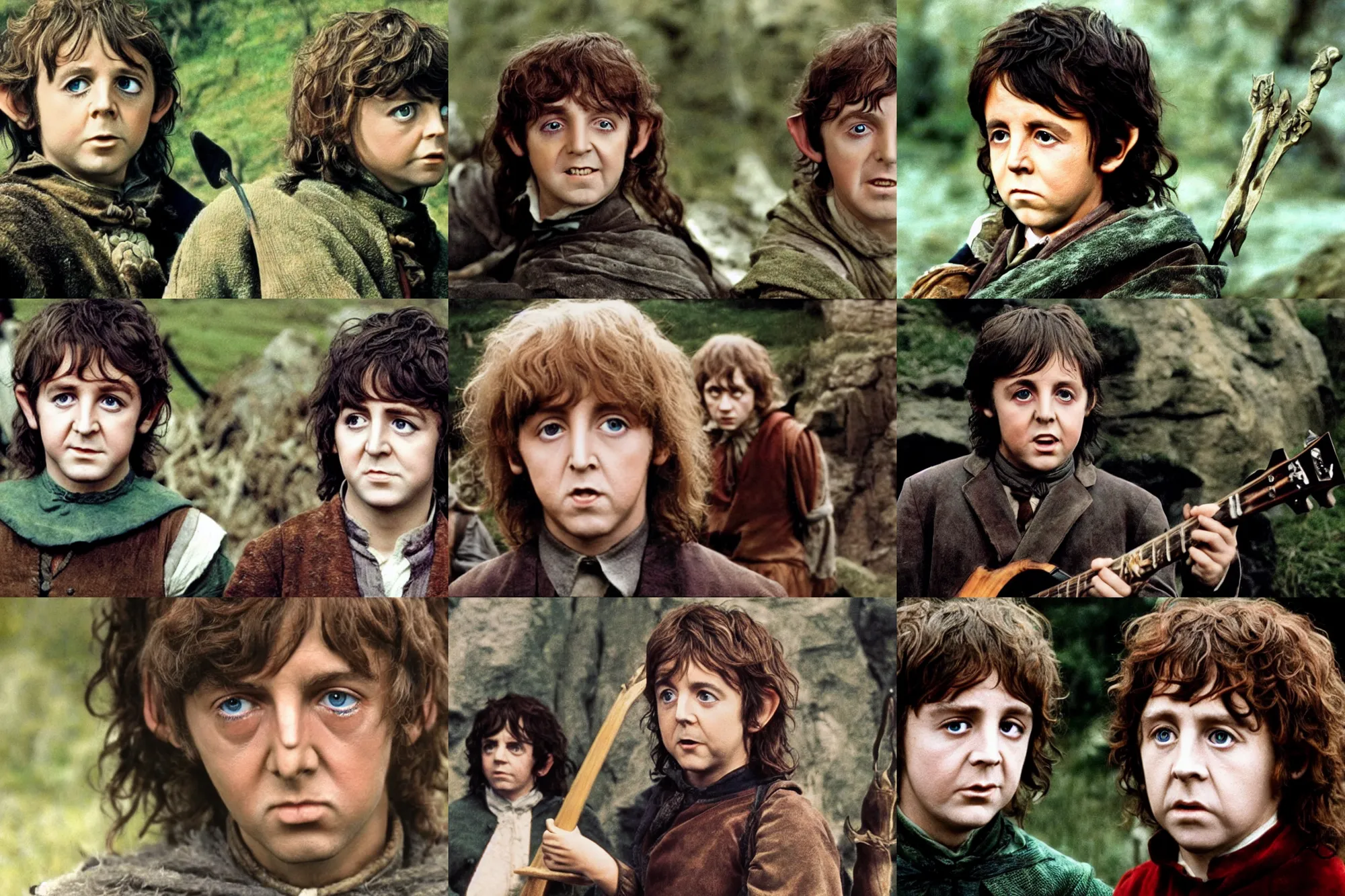 Image similar to A full color still of young Paul McCartney in Hobbit makeup and costume, in The Lord of the Rings directed by Stanley Kubrick,