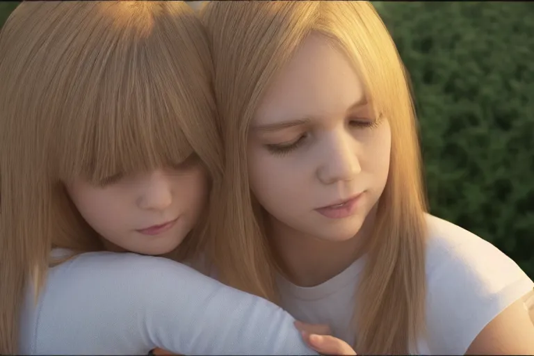 Image similar to blond boy hugging a brunette girl with straight hair, in a park, Polaroid, Closeup, Closeup-View, Octane render, Unreal Engine