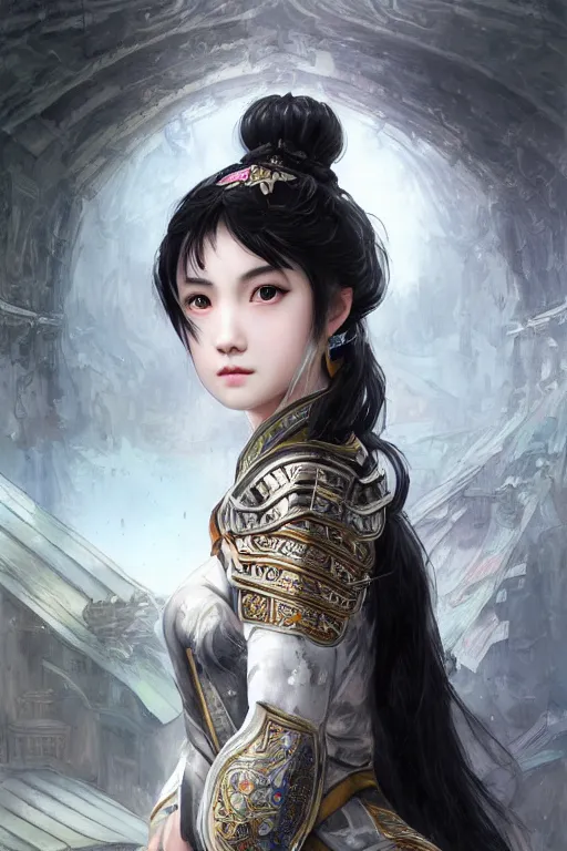 Image similar to portrait black hair young knights of Dynasty Warriors girl, matt white color reflected armor, in ruin chinese temple rooftop heavily rain sunrise, ssci-fi and fantasy, intricate and very beautiful and elegant, highly detailed, digital painting, soft light, artstation, concept art, smooth and sharp focus, illustration, art by tian zi and WLOP and alphonse mucha