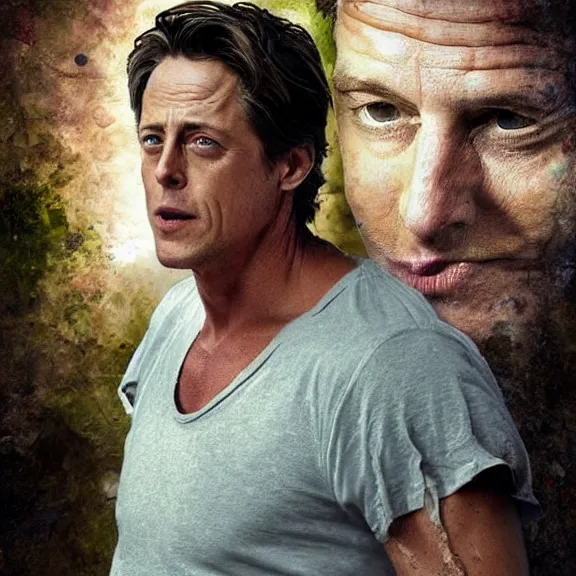 Prompt: man vs wild, born survivor, hugh grant, man in white t - shirt, art by beskow elsa,