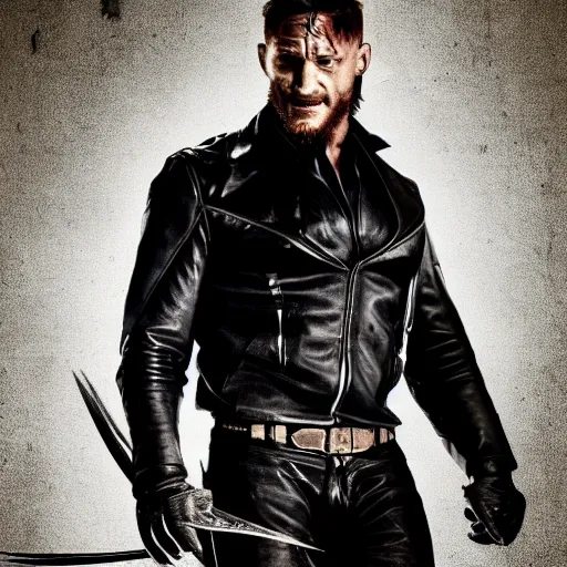 Image similar to Tom Hardy as wolverine in Black leather suit Digital art 4K quality Photorealism