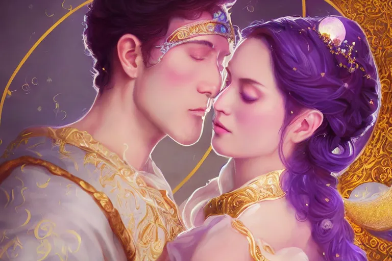 Image similar to a dreamlike cinematic portrait of wedding photograph close up moment of a divine a russia sun god and moon goddess lovers magician at a wedding banquet. portraiture. digital painting. artstation. concept art. fantasy wedding photo. digital painting, 8 k realistic, hyper detailed, violet evergarden art masterpiece by art by krenz cushart