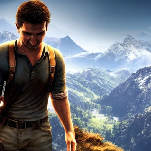 Prompt: Photo of Nathan Drake on top of a mountain, played by Nolan North, movie poster, wide shot