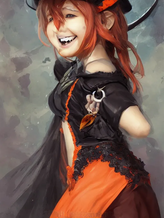 Image similar to Full shot of a mischievous young witch with a cute smile about to get up to some trouble. Latin inspired fashion. Black and Orange palette. Latina girl. From Encanto. By Ruan Jia and Artgerm and Range Murata and WLOP and CLAMP and Loish. Key Art. Fantasy Illustration. award winning, Artstation, intricate details, realistic, Hyperdetailed, 8k resolution.