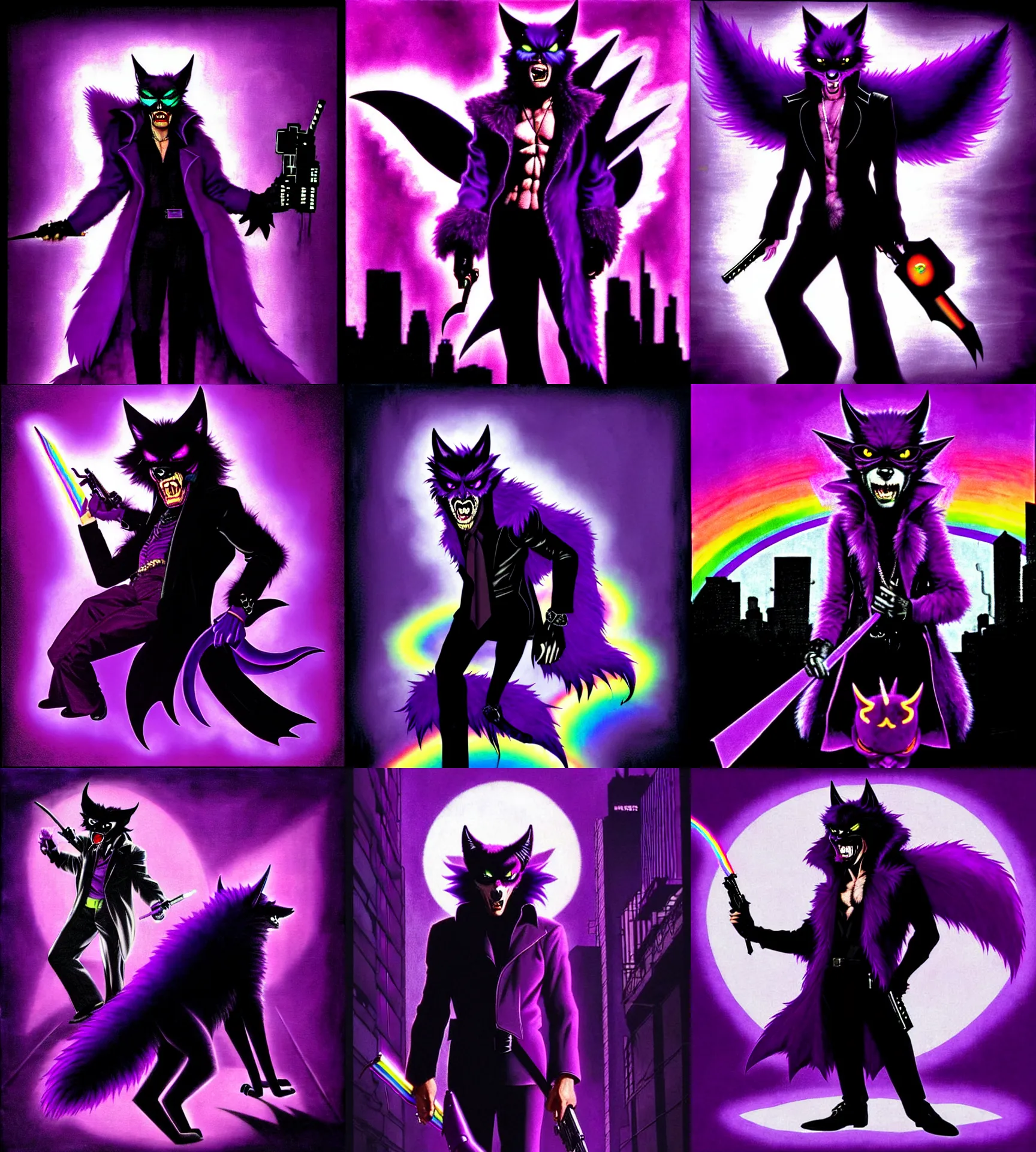 Prompt: a purple wolfbat furry ( wearing an eyepatch ) with a long glowing rainbow tail, traversing the shadowy city, an affable devil among demons, neo - noir style, reminescent of max payne and ghost in the shell, style of purple rain album cover ( by prince ), dark colors