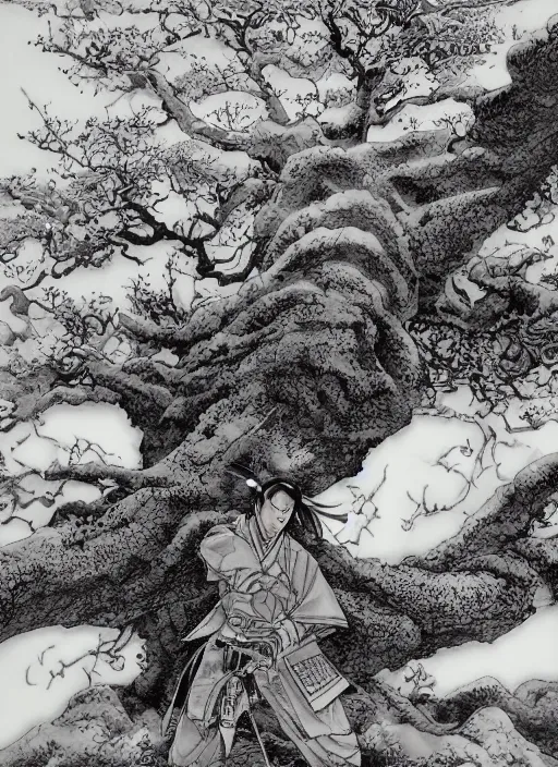 Image similar to a samurai resting beneath a giant tree, by takehiko inoue and kim jung gi and hiroya oku, masterpiece ink illustration