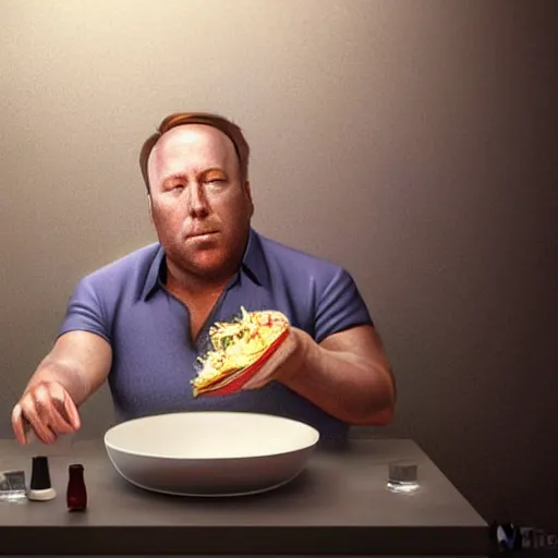 Prompt: hyperrealistic mixed media image of info wars alex jones eating dinner on the toilet, stunning 3 d render inspired art by xiang duan and thomas eakes and greg rutkowski, perfect facial symmetry, hyper realistic texture, realistic, highly detailed attributes and atmosphere, dim volumetric cinematic lighting, 8 k octane detailed render, post - processing, masterpiece,