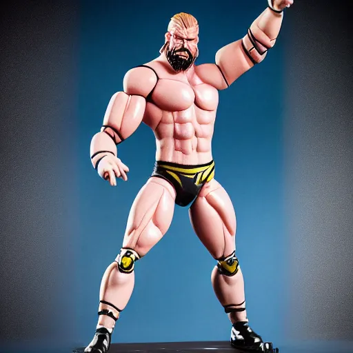 Image similar to Full body shot of a highly detailed flexible Triple H vinyl plastic figurine as a villain, highly detailed face, white background, 3d, high quality, depth of field, high contrast, 8k, concept art, smooth, sharp focus, highly detailed, wrestling, WWE