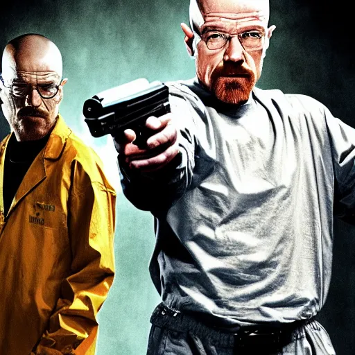 Image similar to Walter white holding a gun to jesse pinkmans head, poster, dramatic