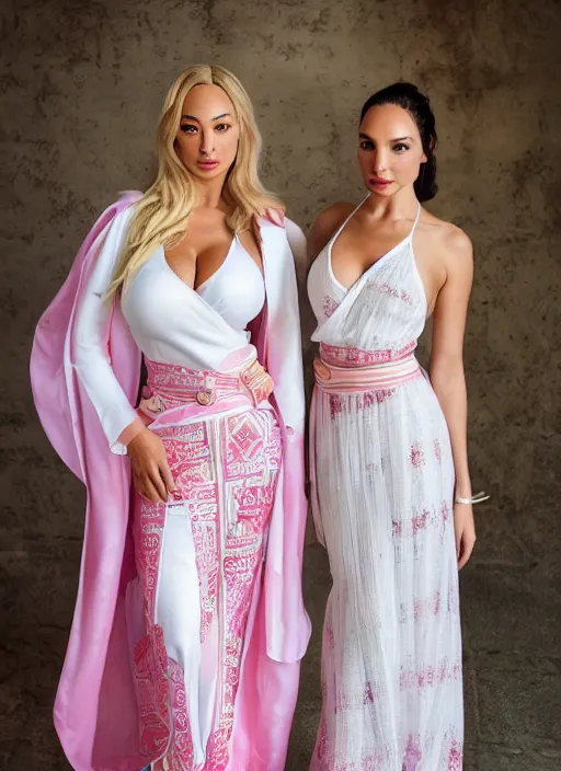 Image similar to portrait of lindsey pelas and gal gadot wearing white kebaya with batik skirt and pink silk belt, by charlotte grimm, natural light, detailed face, beautiful features, symmetrical, canon eos c 3 0 0, ƒ 1. 8, 3 5 mm, 8 k, medium - format print, half body shot