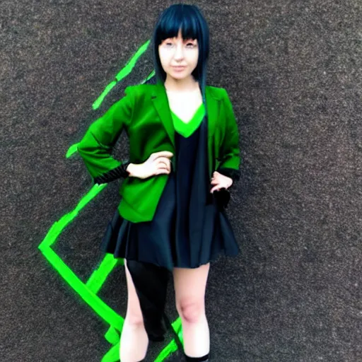 Image similar to a girl dressed in a black and green outfit in the style of Kishimoto Masashi