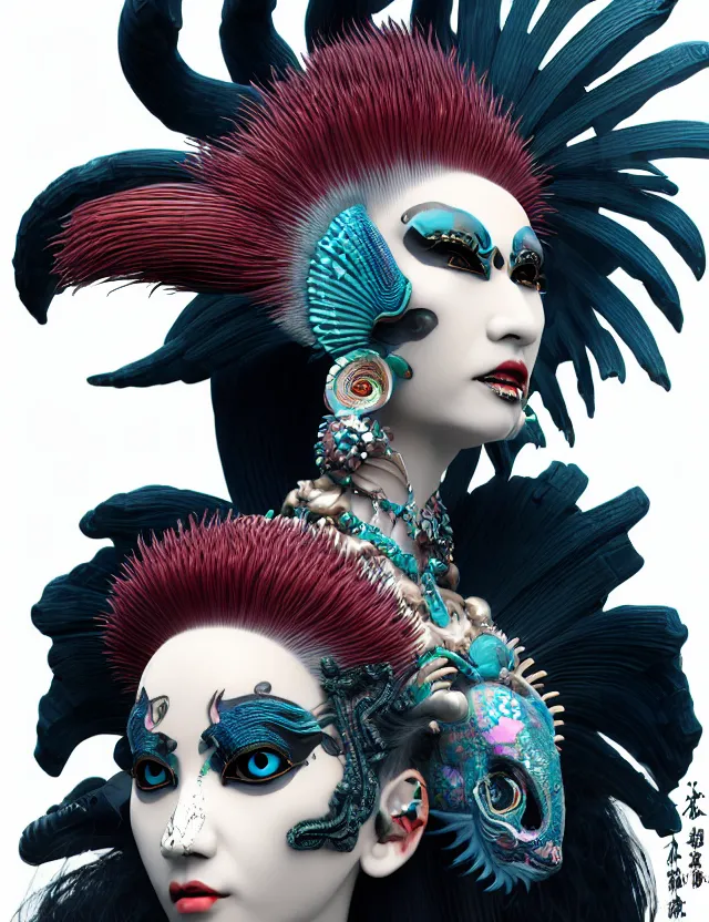 Image similar to 3 d goddess close - up profile portrait punk with mohawk with ram skull. beautiful intricately detailed japanese crow kitsune mask and clasical japanese kimono. betta fish, jellyfish phoenix, bio luminescent, plasma, ice, water, wind, creature, artwork by tooth wu and wlop and beeple and greg rutkowski