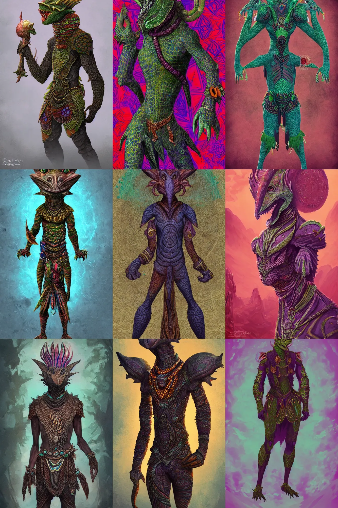 Prompt: african argonian! body! in full, entire body, epic fantasy beautiful anthropomorphic sentient creature male shaman clothing digital art by loish and oriana menendez and alexandre chaudret west africa patterns colorful style body, smooth, artstation, unreal, foggy, atmospheric, bloom, vignette