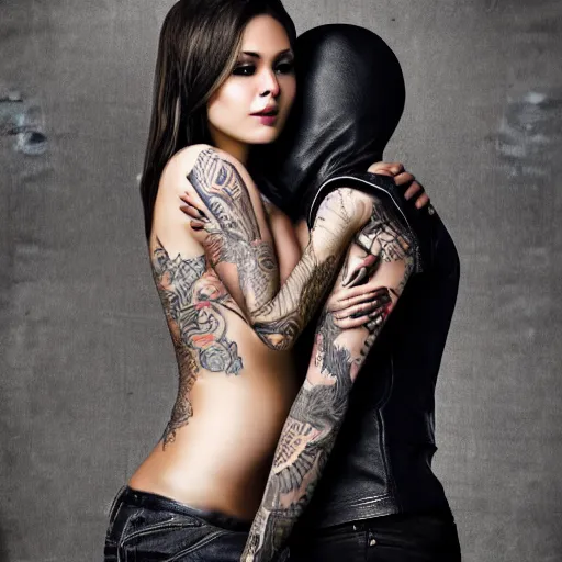 Image similar to Hot young woman, grey skin, tattoos, wearing leather and hugging a shrouded figure digital art