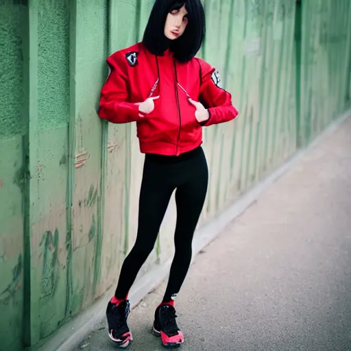 Image similar to black - haired pale - skinned girl with emo hair over eye, green eyes, wearing cherry red jacket and black spandex pants