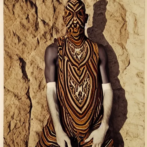 Prompt: serpent man with brown and white scales in an alternating pattern standing in front of sandstone wall decorated with geometric symbols, wearing long, multicolored Arab tunic and loose pants with peaked hood and draping gold chain jewelry over face, fascinated expression, heavy brow ridges, low, flat nose :: warm summer light falling in shafts through the courtyard :: candid portrait by Carvaggio, Barlowe, and Rembrandt