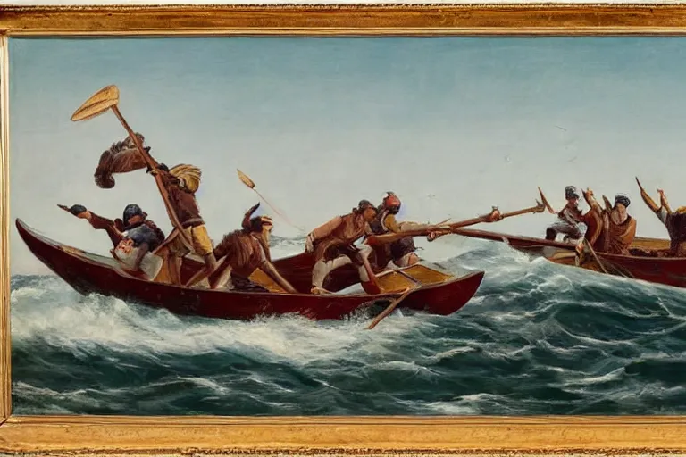 Image similar to a rowboat filled with nfl players in pads and helmets, one has a harpoon, they are chasing a whale, american oil painting