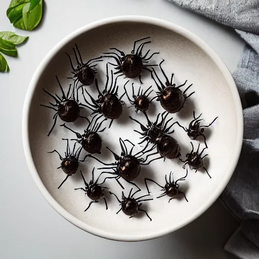 Image similar to professional food photography of a bowl of spiders, canon eos r 3, f / 1. 4, iso 2 0 0, 1 / 1 6 0 s, 8 k, raw, unedited, symmetrical balance