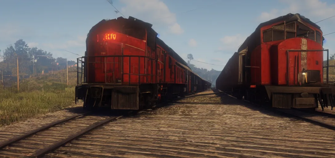 Image similar to A train in red dead redemption 2, screenshot, high quality image, widescreen, in-game engine, 8k, octane render, by greg rutkowski