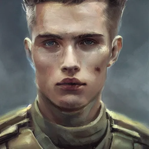 Prompt: Portrait of a man by Greg Rutkowski, he is about 20 years old, norwegian, short blond quiff hair, young, manly, attractive, strong, older brother vibes, he is wearing futuristic military fatigues, highly detailed portrait, scifi, digital painting, artstation, concept art, smooth, sharp foccus ilustration, Artstation HQ